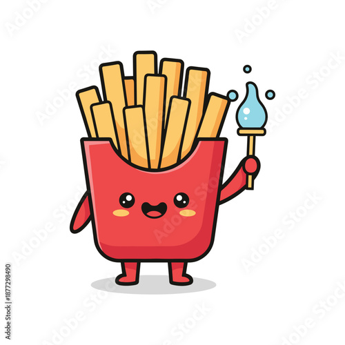 French Fries Cartoon Character with Ketchup Bottle
