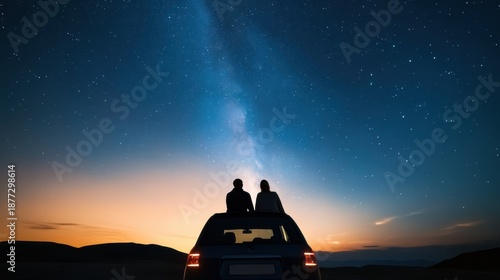 A serene moment under a spectacular night sky, as a couple enjoys the beauty of the stars from their car roof.