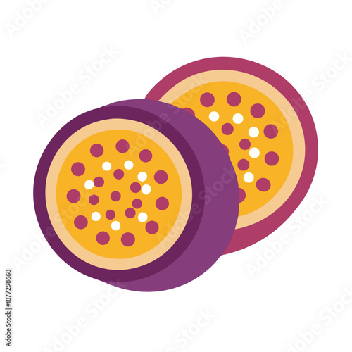 Passion fruit halves showing pulp and seeds on white