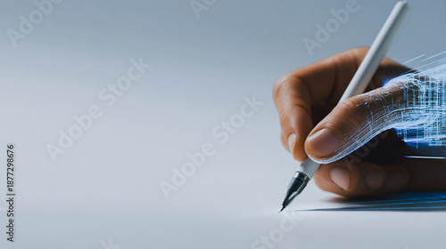 AI powered hand writing or drawing with a digital stylus, symbolizing machine learning, futuristic design, and creative innovation, with copy space.