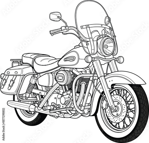 Detailed line art illustration of a classic cruiser motorcycle with a windshield and saddlebags.