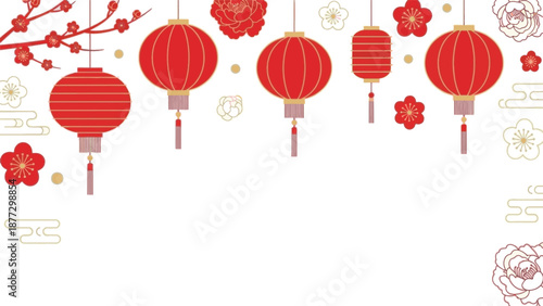 Vibrant Chinese New Year festive background with traditional red lanterns, plum blossoms, and auspicious clouds for Asian holiday celebrations