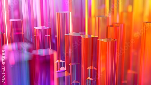 Vibrant abstract 3D rendering of colorful cylindrical shapes and reflective surfaces