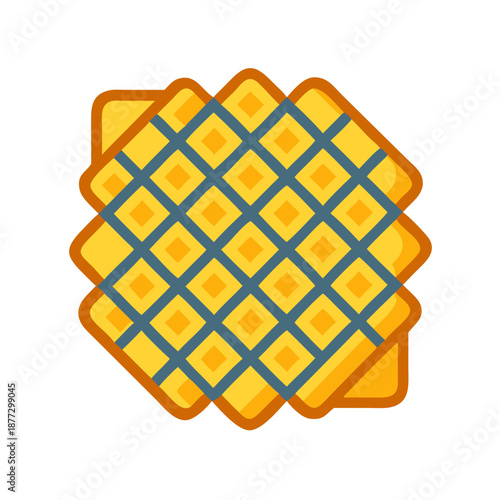Stylized waffles stacked flat with blue geometric pattern overlay