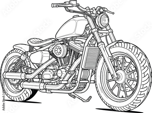 Detailed line art illustration of a custom bobberstyle motorcycle in a threequarter view.