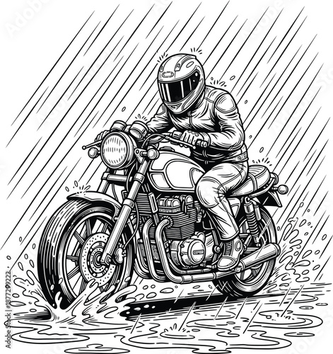 Detailed line art illustration of a helmeted biker on a classic motorcycle splashing through water.