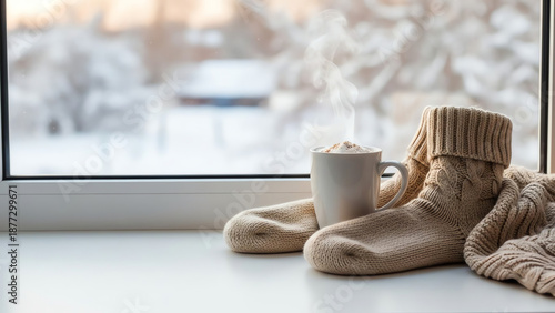 Cozy winter scene with warm socks and hot beverage by the window  