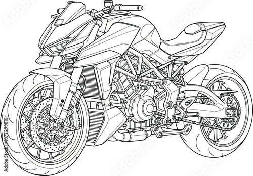 Detailed line art of a modern naked sportbike with an aggressive angular design and exposed trellis frame.