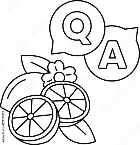A drawing of a lemon and an orange with the letters Q and A above them