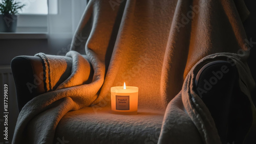 Cozy armchair with blanket and lit candle in warm lighting  