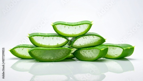 Wallpaper Mural Stacked aloe vera leaf segments showing translucent gel interior and vibrant green skin on white background. Torontodigital.ca