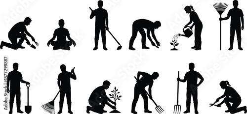 Gardening silhouettes, people planting watering raking digging, outdoor yard work, landscaping care, agriculture hobby, eco lifestyle, vector illustration set, collection