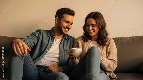 Young couple smiling while sitting on a sofa indoors with coffee  