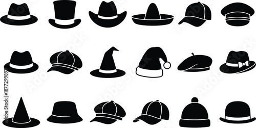 Hat silhouette collection featuring classic, modern, and costume headwear styles including fedora, cowboy, baseball cap, and winter hats, black vector icons isolated on white background