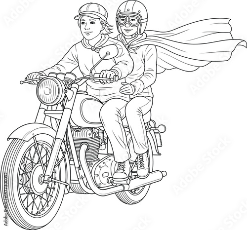 Detailed line art of two people on a vintage motorcycle the passenger wearing a flowing cape.