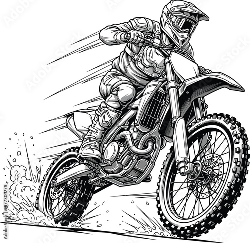 Dynamic black and white illustration of a motocross rider in full gear speeding on a dirt bike.