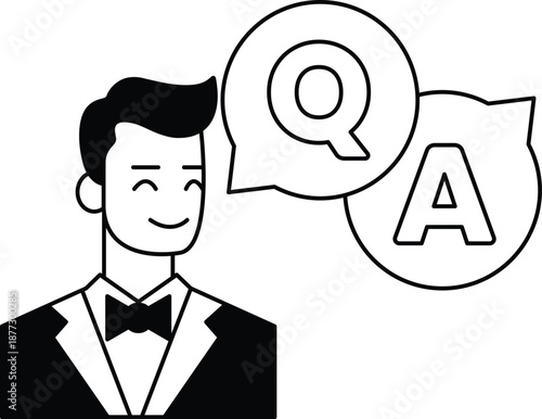 A man in a suit is smiling and talking to himself