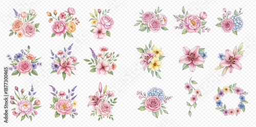 Set of beautiful watercolor floral bouquets and arrangements for design elements.