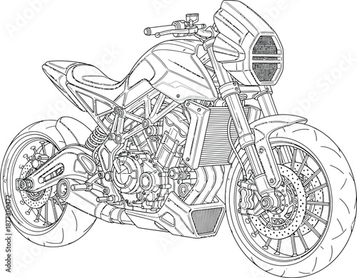 Detailed monochrome line drawing of a modern streetfighter motorcycle with a trellis frame and unique headlight.