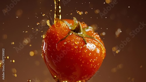Tomato splash. Fresh tomato with water drops. Slow motion.