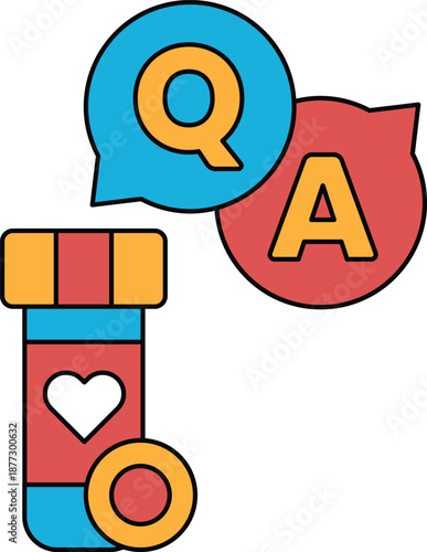 A white and black drawing of a Q and A with a heart and a bottle