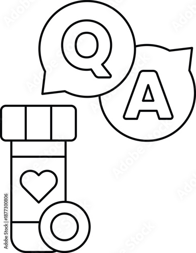 A white and black drawing of a Q and A with a heart and a bottle