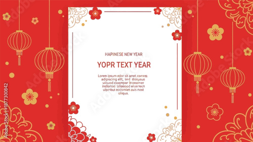 Elegant Asian New Year celebration card template featuring traditional red lanterns, golden floral patterns, and delicate plum blossoms