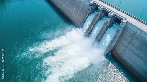 Aerial view of a dam releasing water, showcasing the power of hydroelectric energy and the significance of water management.