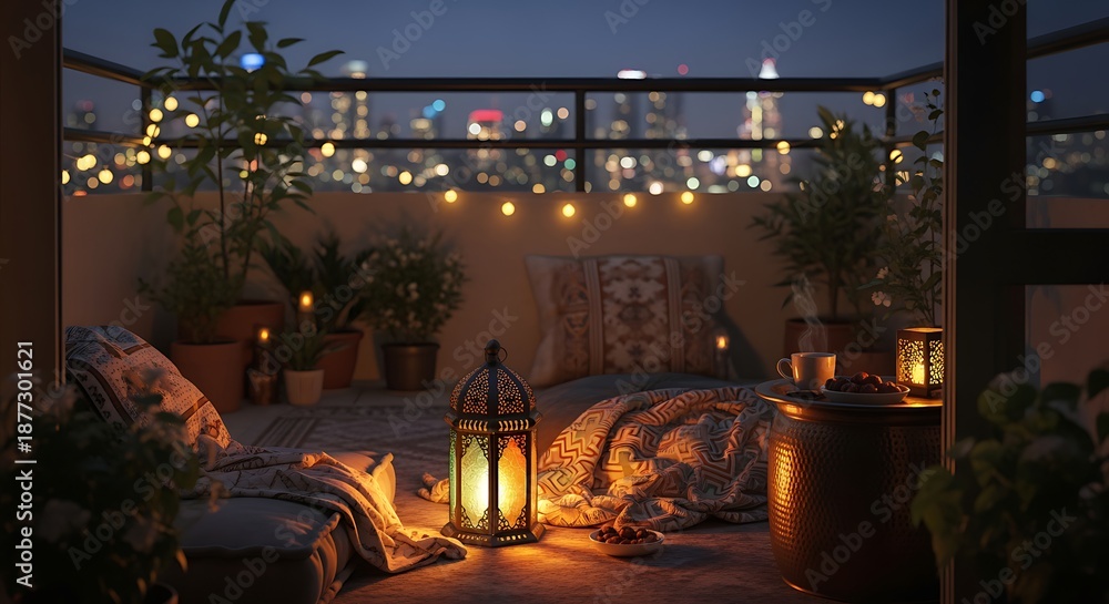 Fototapeta premium Cozy Balcony Lounge with Lanterns and City Night Skyline in Warm Lighting