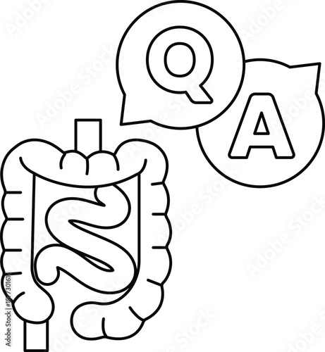 A drawing of a large intestine with a question mark and a letter A above it