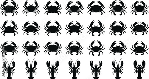 Set of crab and lobster silhouettes arranged in rows, black sea animal icons isolated on white background for seafood, marine life, and design concepts