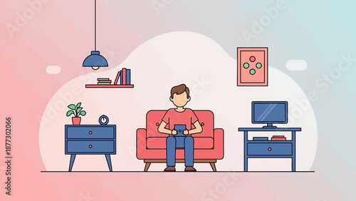 Man sitting on sofa holding phone in cozy living room, flat design