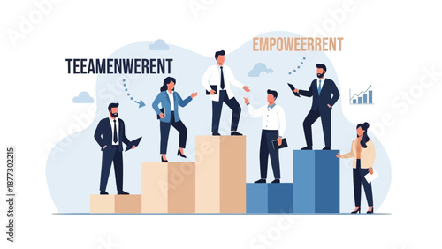 Business Teamwork and Empowerment Concept: Diverse People Climbing Success Stairs