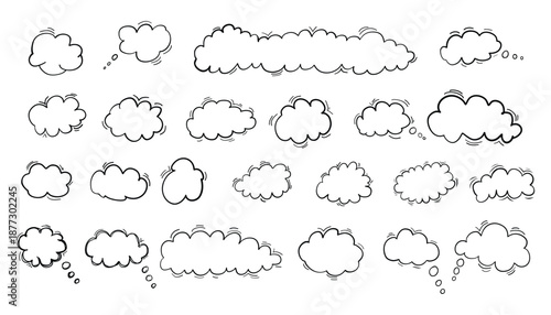 Set of hand drawn doodle clouds. outline clouds. doodle fluffy clouds. speech bubbles. vector illustration