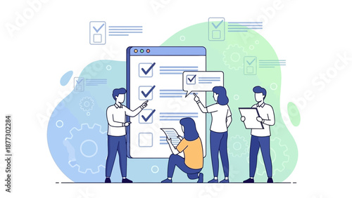 Teamwork completing checklist, project management, task list, planning, strategy, success