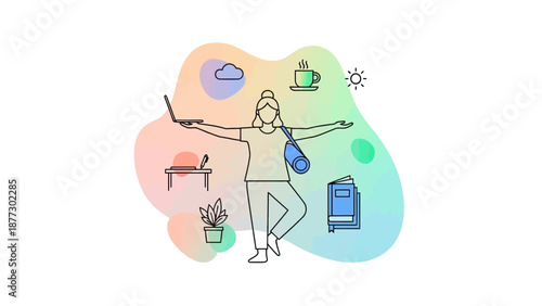 Woman balancing work, study, and relaxation with icons representing lifestyle elements