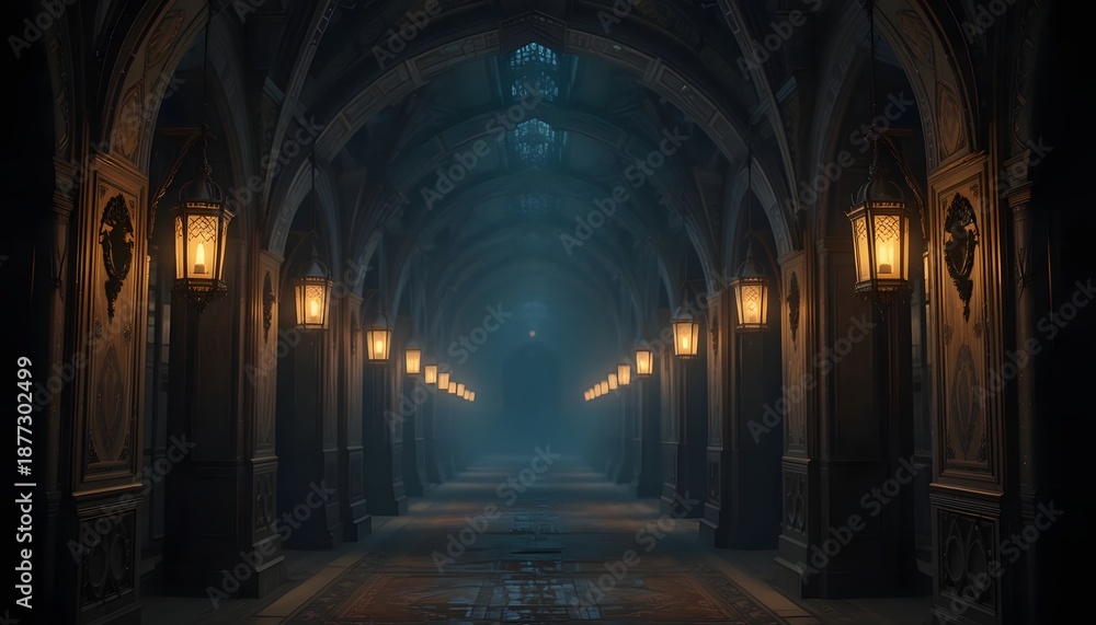 Fototapeta premium Gothic corridor illuminated by lamps