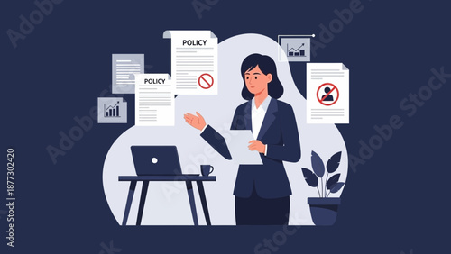 Businesswoman presents company policy, rules, and regulations with charts and documents