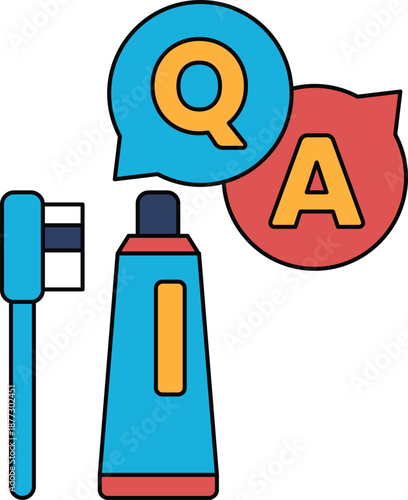 A toothbrush, toothpaste, and a QA sign are shown in a black and white drawing