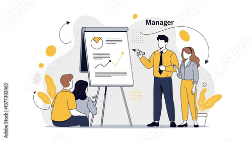 Business Presentation: Manager Leading Team Meeting with Flip Chart and Charts