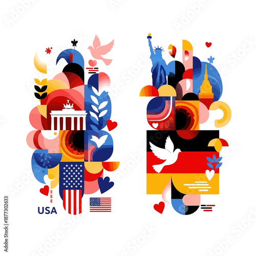 Vibrant cultural exchange between USA and Germany with iconic landmarks