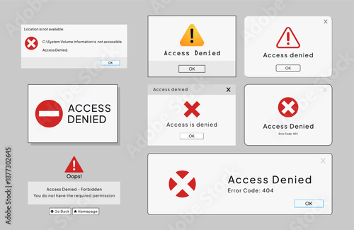 Access Denied and Error 404 alert windows. Minimalist system warning and security notification set. Featuring minimalist warning icons and system alert messages for web interface, cybersecurity