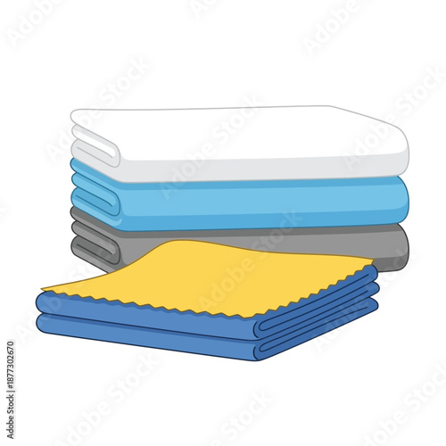 A stack of white, blue, and grey folded towels next to a smaller stack of yellow and blue cleaning cloths.