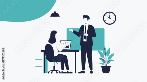 Business meeting: man presenting to woman at desk with laptop, office concept
