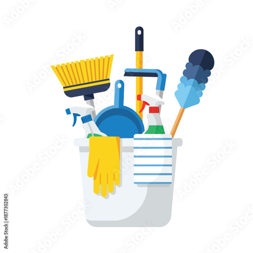Collection of various cleaning supplies and tools neatly arranged in a white bucket, ready for household chores and maintenance.
