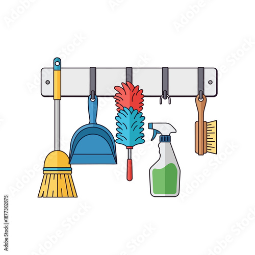 A vibrant illustration showcasing various household cleaning tools, including a broom, dustpan, feather duster, spray bottle, and scrub brush, neatly organized on a wall-mounted rack.