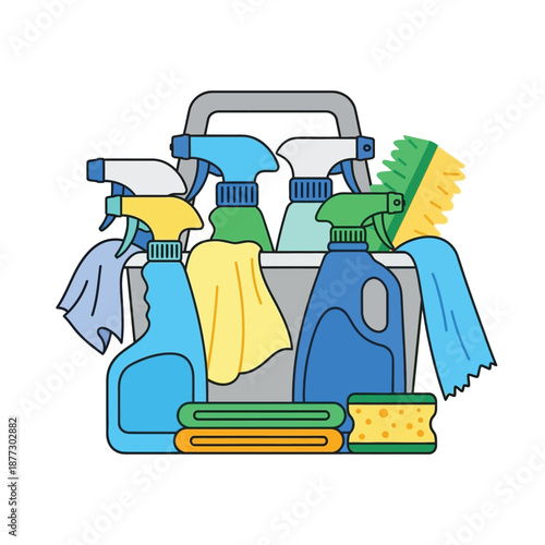 A detailed illustration of a cleaning caddy filled with various household cleaning supplies, including spray bottles, cloths, a brush, and sponges.