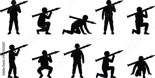 Set of military soldier silhouettes holding rocket launchers in various combat positions, black army infantry figures isolated on white background for warfare and defense concepts