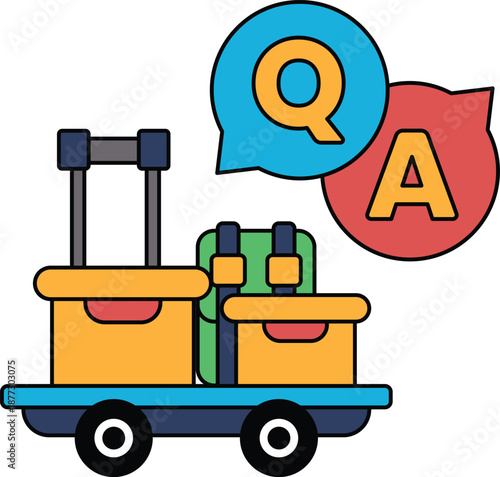A luggage cart with a Q and A on it