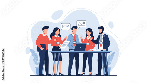 Diverse business team collaborating on project, discussing strategy with charts and laptop